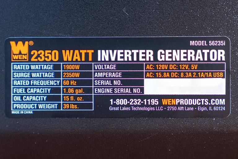 WEN 56235i Specifications Sticker